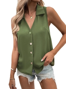 Women's V-neck olive green sleeveless chiffon shirt with buttons for casual summer wear