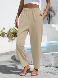 Women's khaki high-waisted cotton linen trousers with elastic waist and side pockets