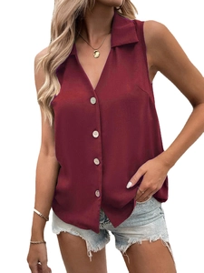 Women's V-neck sleeveless wine red chiffon shirt with pearl buttons and collar