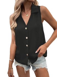 Women's V-neck sleeveless black chiffon button-up shirt paired with denim shorts