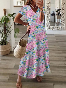 Abito lungo bohémien a fiori con scollo a V e maniche corte per le vacanze estive