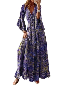 Bohemian purple paisley maxi dress with V-neck, bell sleeves and tassel drawstring detail