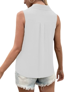 Women's white sleeveless V-neck chiffon shirt with elegant back pleat detail