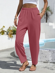 Women's high waist cotton linen casual pants with pockets in dusty rose pink color