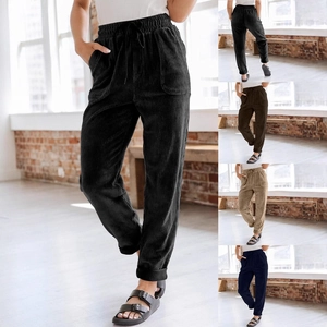 Women Casual Corduroy Wide Leg Pants Solid Color High Waist Drawstring Loose Straight Trousers Winter Autumn Fashion Bottoms