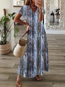 Abito lungo bohémien con scollo a V e stampe astratte blu e marroni per la moda estiva