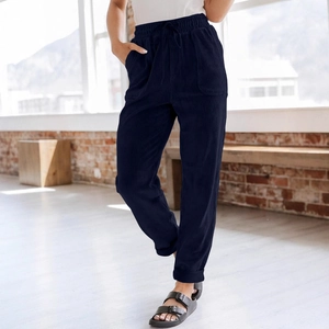 Women's dark blue corduroy wide leg trousers with high waist elastic and drawstring