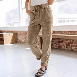 Women's khaki corduroy wide-leg pants with elastic drawstring waist and large pockets