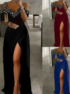 Women Off Shoulder V Neck Maxi Dress Polka Dot Trim High Slit Summer Casual Gothic Party Streetwear Evening Long Dress