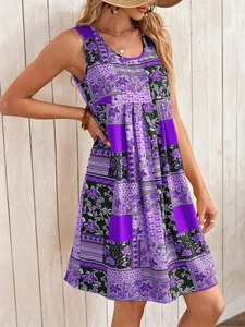 Detail of purple floral print sleeveless dress with geometric patterns for summer style