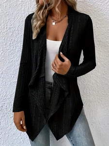 Detail view of black long-sleeved cardigan showing ribbed texture and open-front design
