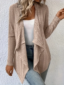 Detail of khaki ribbed knit cardigan showing the soft texture and drape of the open front collar