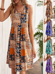 Women Sleeveless Bohemian Floral Patchwork A-Line Dress Round Neck Summer Holiday Beach Mini Dress Print Casual Boho Dress