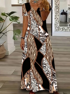 Women's V-neck short sleeve maxi dress featuring mixed leopard and geometric prints