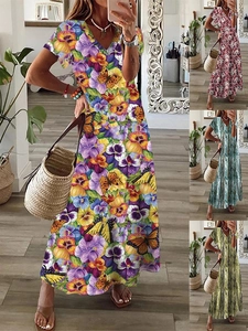 Vestito Lungo Donna Scollo a V Manica Corta Stile Bohemien Stampa Floreale Farfalla Leopardata Estivo Spiaggia Vacanza