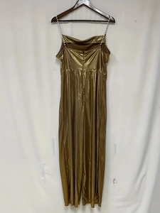 Detail of beaded spaghetti straps and gold pleated fabric with a hidden back zipper