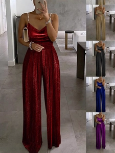 Elegant Women Metallic Pleated Wide Leg Jumpsuit V Neck Artificial Pearl Spaghetti Strap High Waist Party Evening Romper For Women