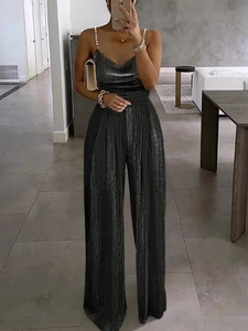 Elegant black sequin wide-leg jumpsuit with pearl straps and V-neckline for women
