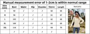 Size chart for square neck long sleeve t-shirt with detailed measurements in centimeters