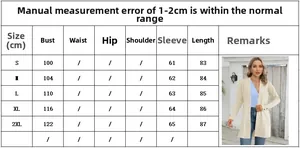 Size chart for women's loose long sleeve cardigan including bust and length measurements