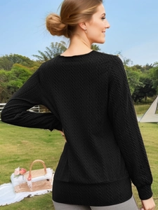 Detail of black long-sleeve T-shirt featuring vertical cable knit texture and square neck