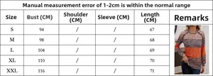 Detailed size chart for women's long sleeve color block t-shirt showing bust and length