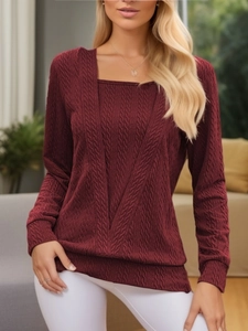 Detail of burgundy square neck knit top with textured cable stitch and layered look