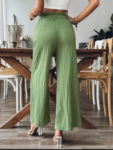 Women high waist green crinkle wide leg trousers with elastic waistband relaxed fit