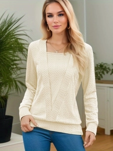 Detail of ivory square neck knit top featuring textured cable stitch and ribbed patterns