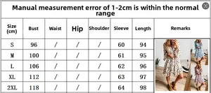 Detailed size chart for women long sleeve floral dress with bust and length measurements
