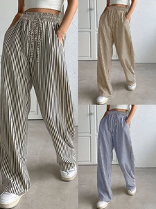 Women High Waist Striped Wide Leg Pants Casual Drawstring Straight Trousers With Pockets Streetwear Fashion Lounge Bottoms