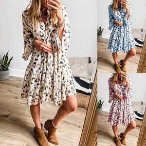 Collage of long sleeve leopard print dresses with V-neck button detail and ruffled hemline