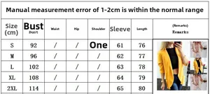 Size chart table for long sleeve blazer jacket with measurements from S to 2XL sizes