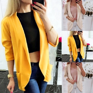 Detail of casual blazer with open front, ruched sleeves, and side pockets for women