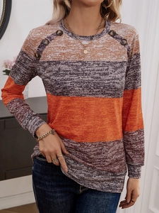 Women Casual Colorblock Striped Long Sleeve T-Shirt Round Neck Loose Fit Top With Decorative Buttons Elegant Knit Blouse