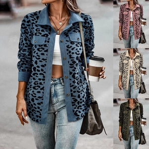 Women's leopard print corduroy jacket with front buttons and chest pockets in multiple colors