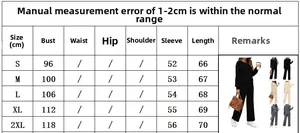Detailed size chart for women's long sleeve lounge set from size S to 2XL with measurements