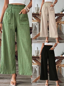 Women High Waist Wide Leg Casual Pants Crinkled Elastic Waist Pleated Trousers with Pockets Solid Color Loose Fit Palazzo