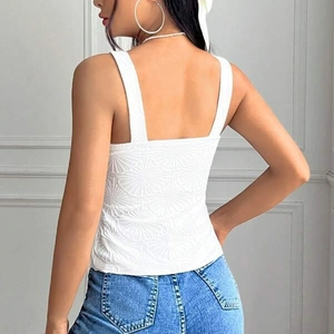 White sleeveless square neck top with geometric jacquard texture and slim fit style