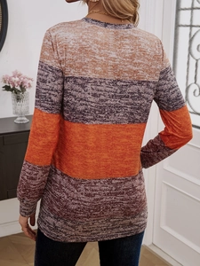 Back view of women's long sleeve knit top featuring color-block panels and round neck