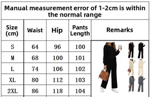 Size chart for two-piece lounge set including waist, hip and length measurements from S to 2XL
