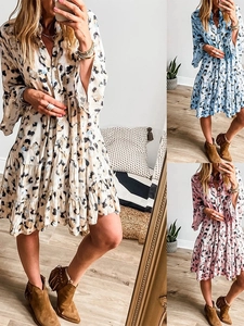 Women's Casual Leopard Print V Neck Button Down Tiered Midi Dress Boho Long Flare Sleeve Ruffle Vacation Autumn Clothing