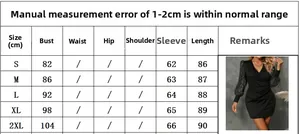 Size guide table for slim fit long sleeve lace dress with measurements from S to 2XL