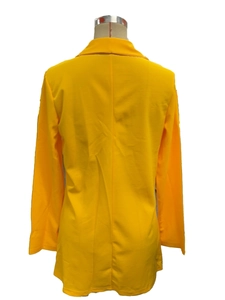 Back view of a long-sleeved bright yellow blazer featuring classic notched lapels