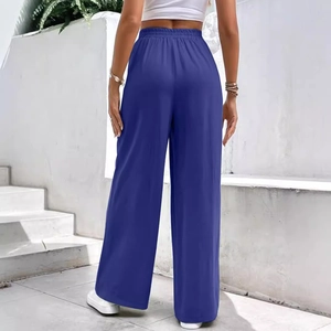 Pantaloni casual donna blu scuro a gamba larga con vita alta elastica, vista posteriore