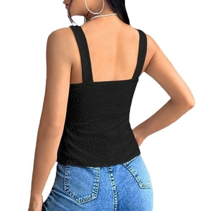 Slim fit black textured tank top with jacquard patterns and wide shoulder straps
