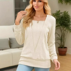Women's cream square neck long sleeve knit sweater with textured wave pattern