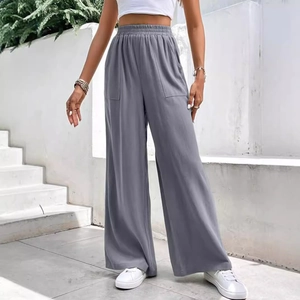 Pantaloni casual grigi da donna a vita alta a gamba larga con elastico e tasche laterali