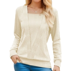Beige cable knit long sleeve top featuring a modern square neckline and loose fit design