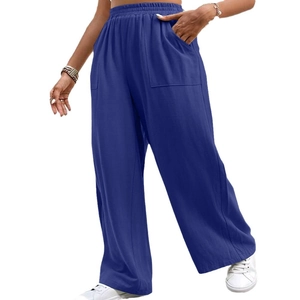 Pantaloni casual larghi blu scuro da donna con vita alta elastica e tasche quadrate